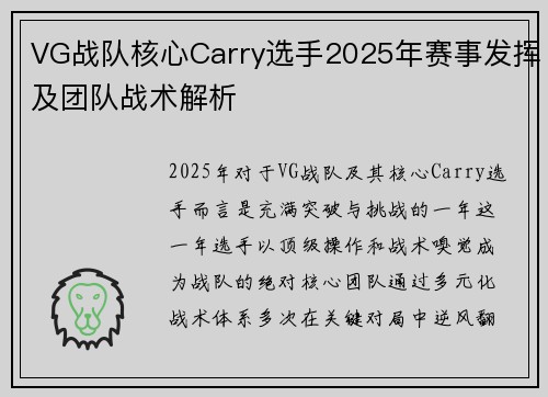VG战队核心Carry选手2025年赛事发挥及团队战术解析
