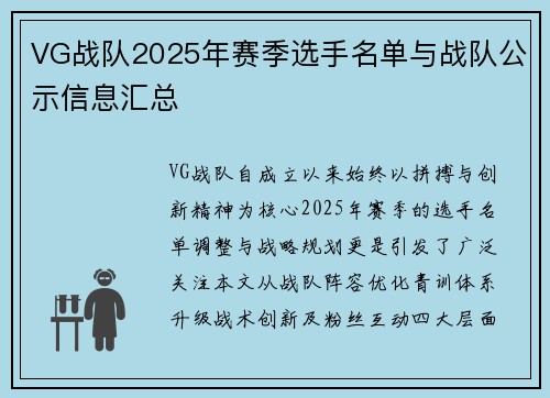 VG战队2025年赛季选手名单与战队公示信息汇总