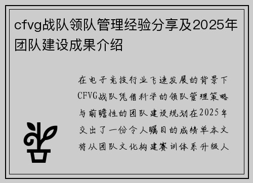 cfvg战队领队管理经验分享及2025年团队建设成果介绍